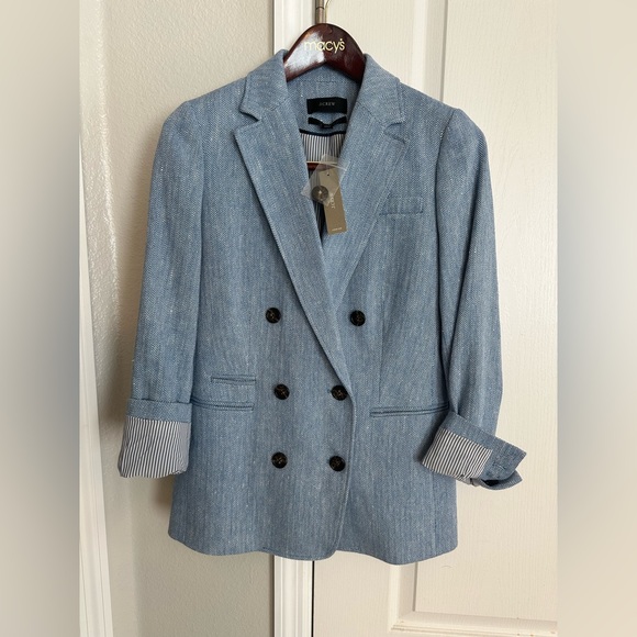 J.Crew Bristol Blazer Blue Italian Cotton-Linen Herringbone 00 - Picture 4 of 16
